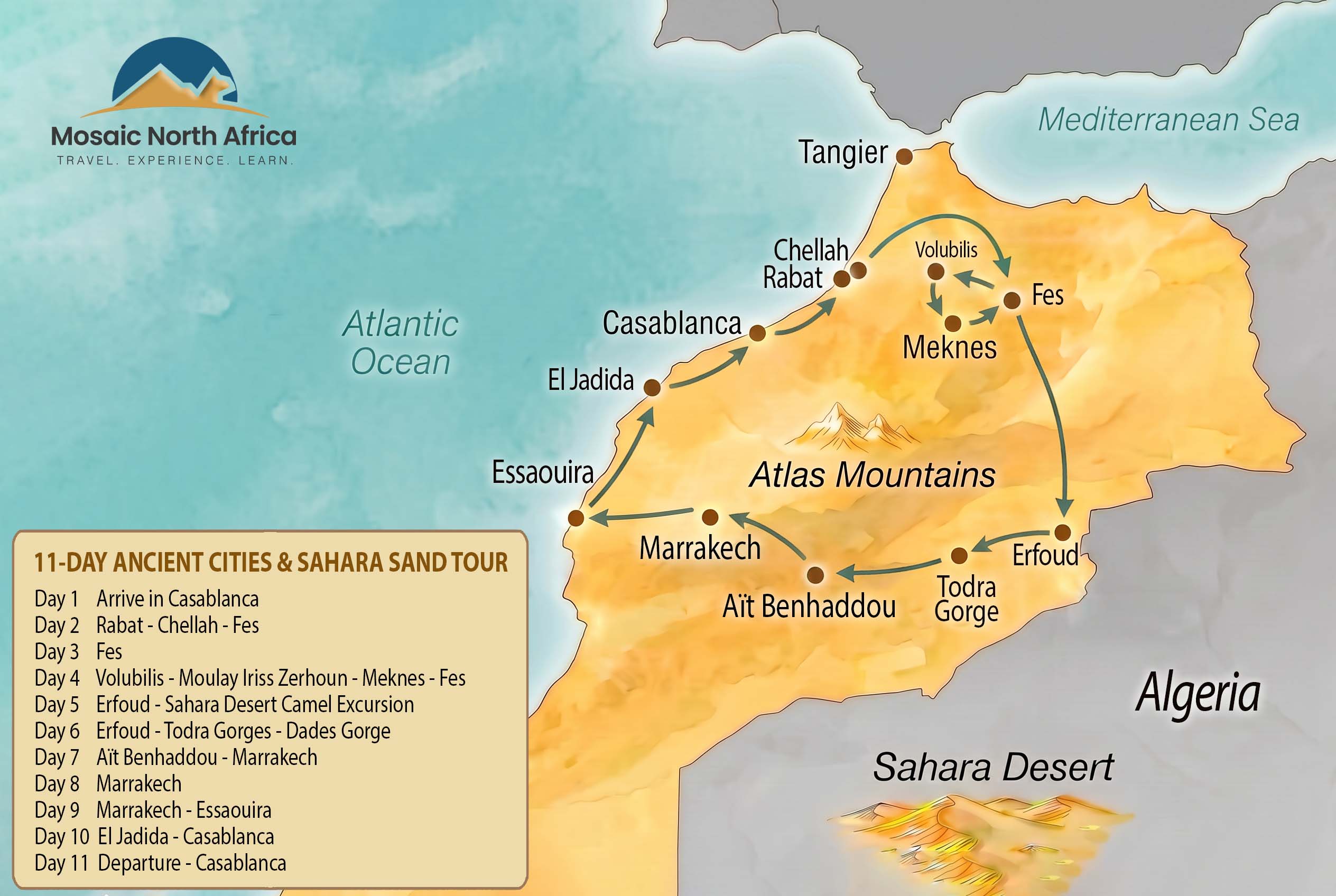 11-day Ancient Cities and Sahara Sand Tour Map 11-day Ancient Cities and Sahara Sand Tour Map